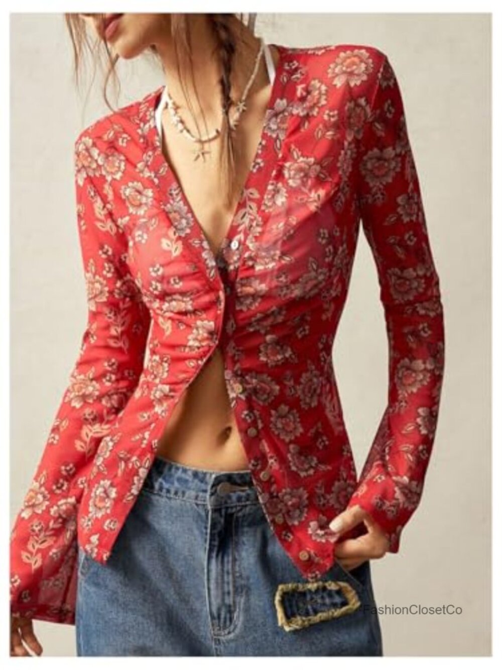 Long Sleeve V Neck Floral Print Button Down Blouse Fitted Tops - Picture 2 of 7